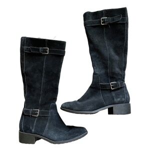 Cole Haan Black Suede Buckle Block Heel Waterproof Knee High Winter Boots 9.5